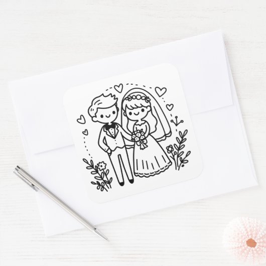 ステッエレガントクフィギュア新郎新婦結婚の子 スクエアシール (封筒)