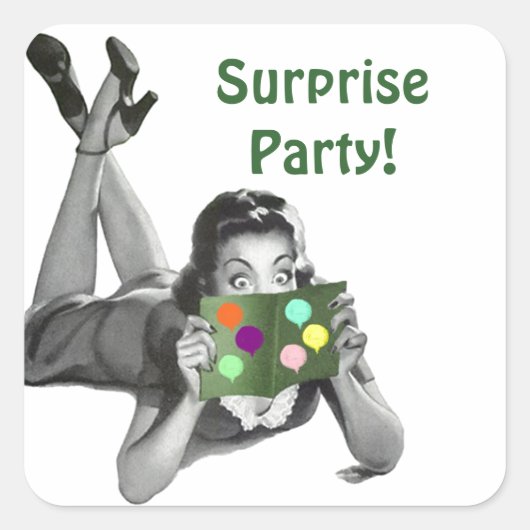 ステッカーおもしろいレトロレディ読ズカードサプライズパーティー スクエアシール (正面)