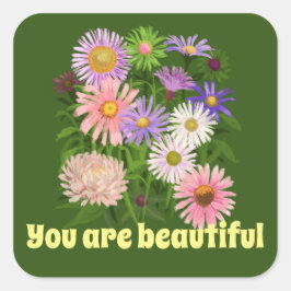 ステッカーは美しい花ピンクの緑 スクエアシール
