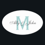 ステッカーを結婚するモノグラムおよび名前 楕円形シール<br><div class="desc">ステッカーを結婚するカスタムな青および灰色のモノグラムの手紙および名前。</div>