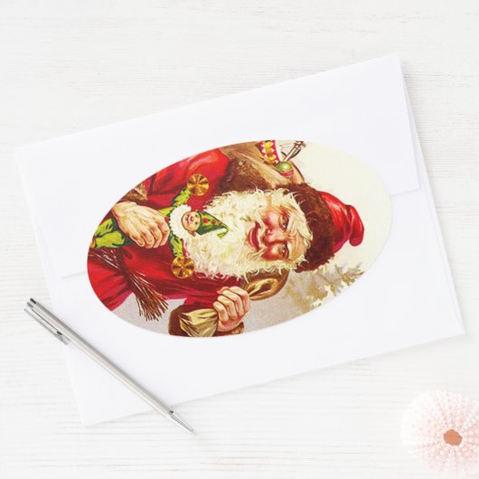 ステッカーアンティークエバーグリーンフォレストサンタクリスマス 楕円形シール (封筒)