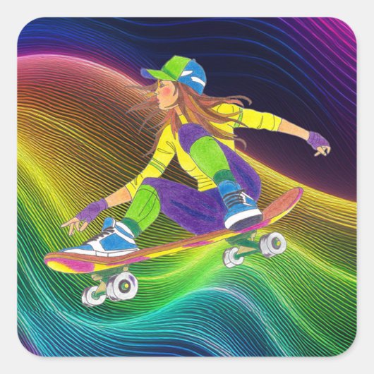 ステッカースケートボーダーガール スクエアシール (正面)