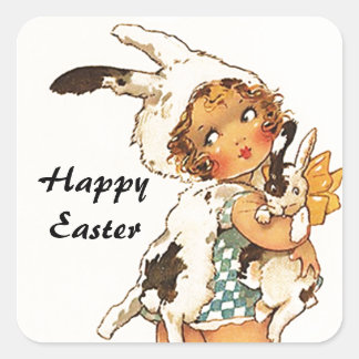 ステッカーヴィンテージアンティークかわいいイースターバニースーツ スクエアシール