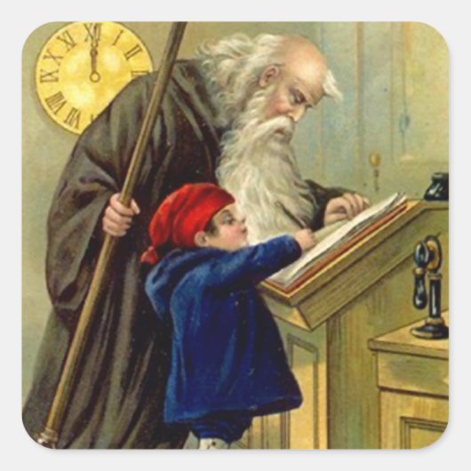 ステッカーヴィンテージアンティーク新年お父さん時間ベビー スクエアシール (正面)