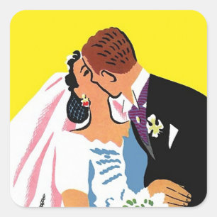 ステッカーヴィンテージカップル新婦結婚のキス スクエアシール