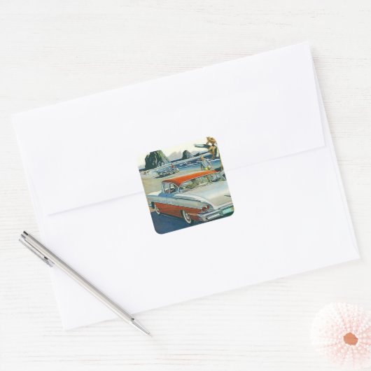 ステッカーヴィンテージカー自動レッドホワイトツートーンビーチ スクエアシール (封筒)