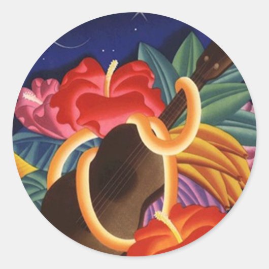 ステッカーヴィンテージハワイアンウクレレティキナイトトラベル ラウンドシール (正面)