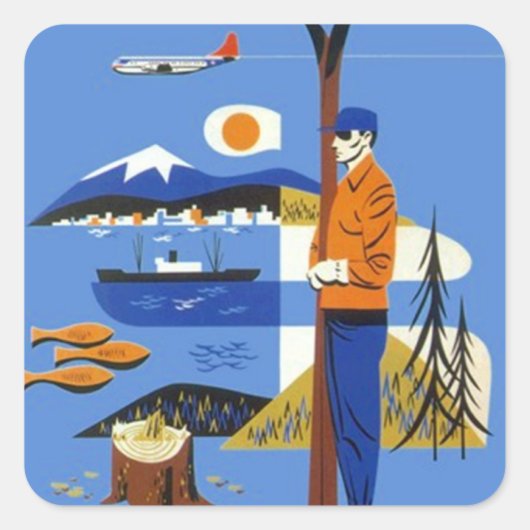 ステッカーヴィンテージパシフィックノースウェスト旅行荷物 スクエアシール (正面)