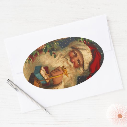 ステッカーヴィンテージフォレストクリスマスサンタウッドランド 楕円形シール (封筒)