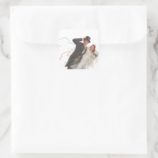 ステッカーヴィンテージ結婚式の新郎新婦ハッピーカップル スクエアシール (バッグ)