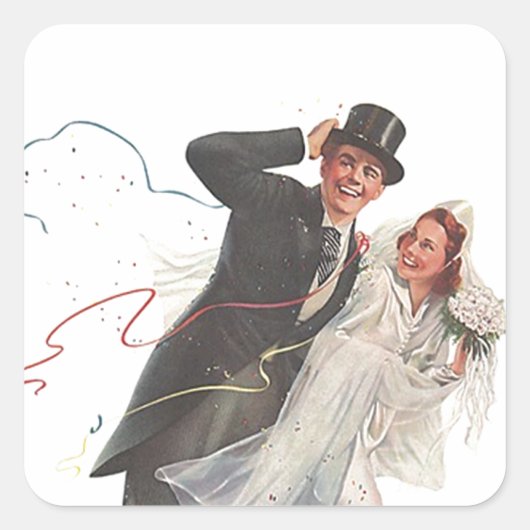 ステッカーヴィンテージ結婚式の新郎新婦ハッピーカップル スクエアシール (正面)