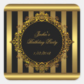 ステッカー金ゴールドブラックストライプバースデーパーティー スクエアシール (正面)