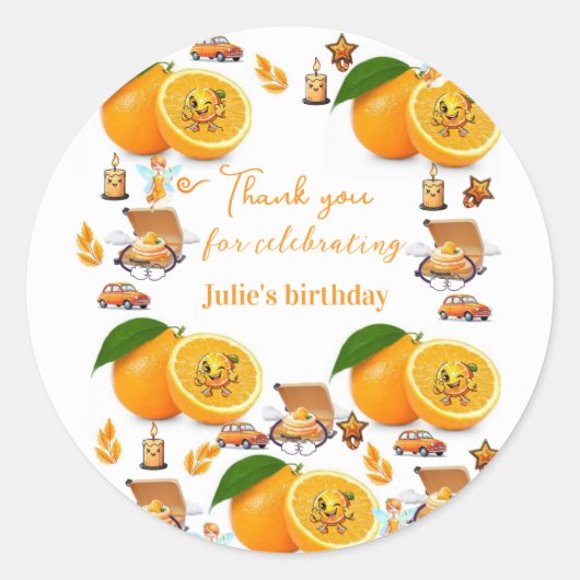 ステッカー お誕生日おめでとう オレンジ 果物 ロウソクケーキ (正面)