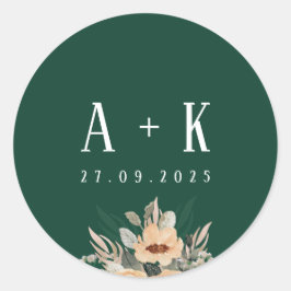 ステッカー、エレガントフローラダークグリーンモノグラム ラウンドシール