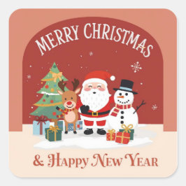 ステッカー: メリークリスマス & ハッピーニューイヤー スクエアシール