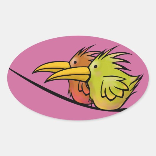 ステッカー、ワイヤ上の2羽の鳥 楕円形シール (正面)