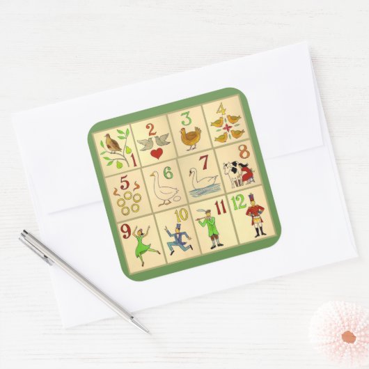 ステッカー、光沢、大、3インチクリスマスフォークアート スクエアシール (封筒)