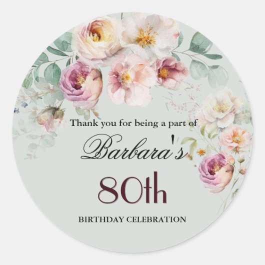 ステッカー 高級感のある水彩花柄 80歳の誕生日 (正面)