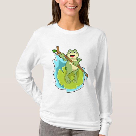 ステッキを持つハイカーとしてのカエル Tシャツ (正面)
