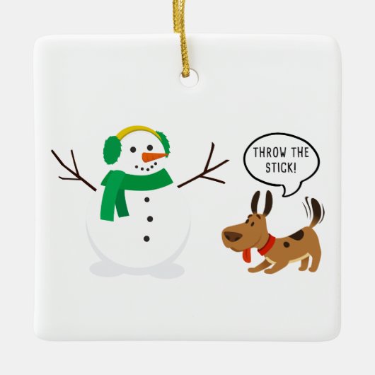 ステッキ雪だるま&犬かわいいクリスマスを投げおもしろいる セラミックオーナメント (正面)