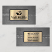 ステッチされたグレーレザー |メタリック金ゴールド |ホームアイコン 名刺 (正面/裏面)