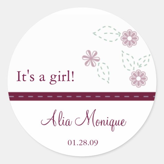 ステッチされたリボンステッカー付き花 ラウンドシール (正面)