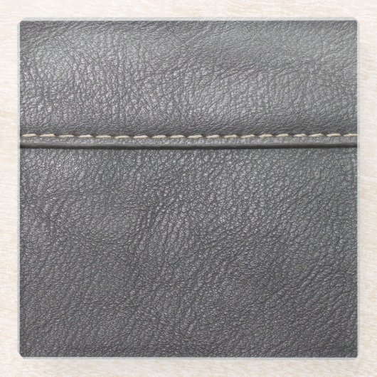 ステッチの洗練さ：ブラックレザーラグジュアリー ガラスコースター (正面)