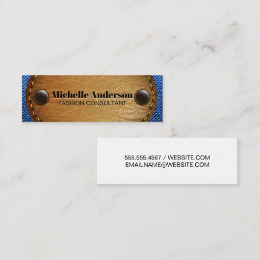 ステッチ済みブラウンレザー |デニム スキニー名刺 (正面/裏面)