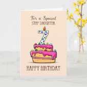 ステップドーター7誕生日7、スイートピンクケーキ カード (黄色い花)