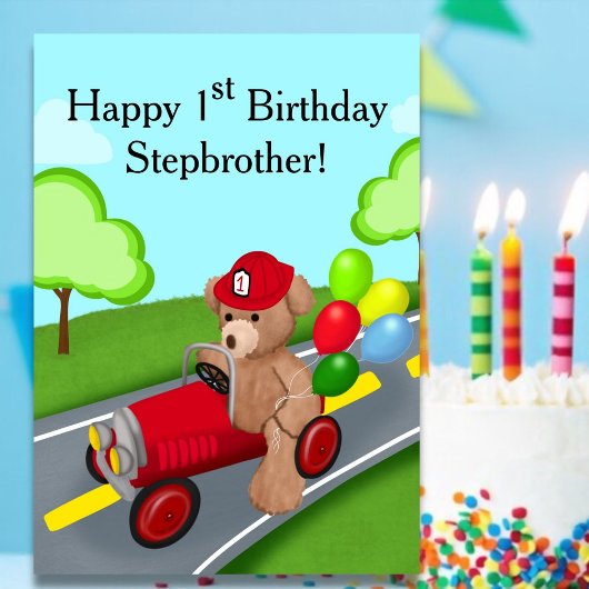 ステップブラザーの1歳の誕生日テディベア消防車 カード