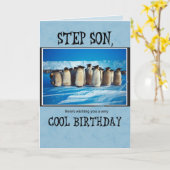 ステップ息子の誕生日、ペンギン カード (黄色い花)