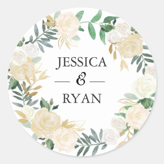 ステッ結婚カーさん |白と金ゴールドの花 ラウンドシール (正面)