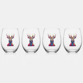 ステムレスワイングラス - カラフルな鹿のアートワーク ステムなしワイングラス