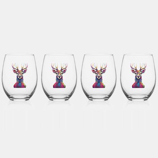 ステムレスワイングラス - カラフルな鹿のアートワーク ステムなしワイングラス (正面)