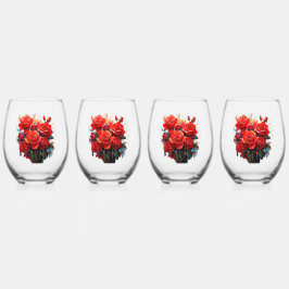ステムレスワイングラス – 赤いバラのアートワーク ステムなしワイングラス