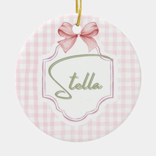 ステラパーソナライズされたベビーガール子供部屋ボウ&ギンガム セラミックオーナメント (正面)