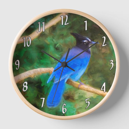 ステラーズジェイの絵画 - オリジナルの野鳥アート 壁時計 (正面)