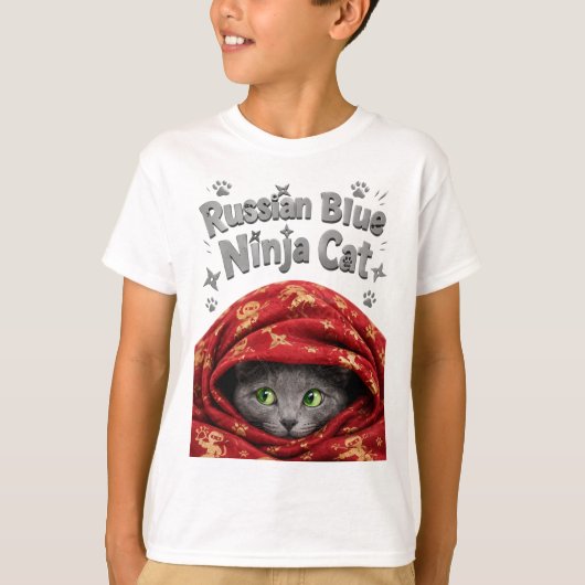 ステルスなジャガーの化身、ロシアンブルーの忍者猫 Tシャツ (正面)