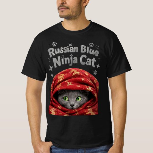 ステルス性とでんぷん質: ロシアンブルーの忍者猫 Tシャツ (正面)