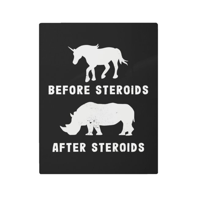 ステロおもしろいイド剤の後にステロイド剤を投与する前にサイの一角獣 メタルプリント (正面)