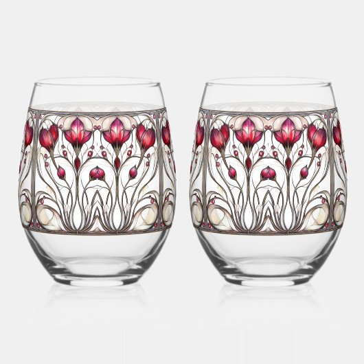 ステンエレガントドグラス赤フローラワイングラス ステムなしワイングラス (左)