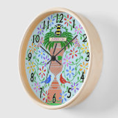 ステンシルフラワーツビーと鳥カスタムの青 壁時計 (傾斜)