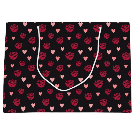 ステンシルレッドローズとハート パターン（の模様が）ある ラージペーパーバッグ (正面)