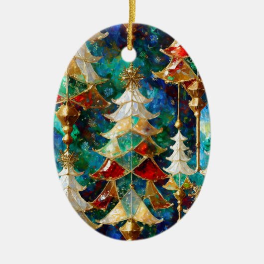 ステンドガカラフルラスのクリスマスツリー セラミックオーナメント (正面)