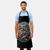 ステンドガラスアジアスタイルコイ魚と椿 エプロン (着用した状態)