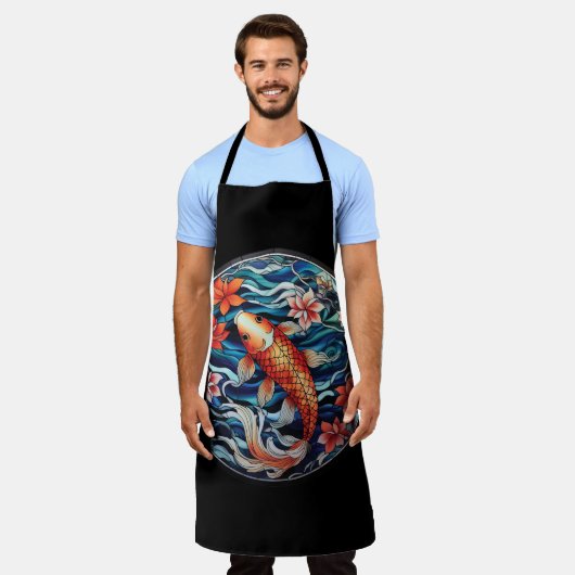 ステンドガラスアジアスタイルコイ魚と椿 エプロン (着用した状態)