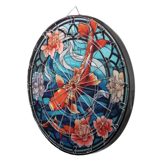 ステンドガラスアジアスタイルコイ魚と椿 ダーツボード (正面右)