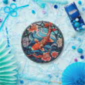 ステンドガラスアジアスタイルコイ魚と椿 ペーパープレート (パーティー)