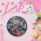 ステンドガラスアジアスタイルコイ魚と椿 ペーパープレート (パーティー)