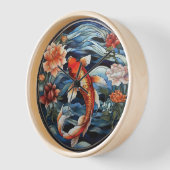 ステンドガラスアジアスタイルコイ魚と椿 壁時計 (傾斜)